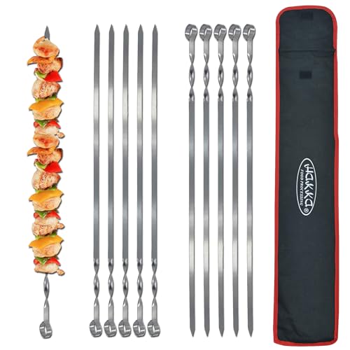 Hakka Stainless Steel Barbecue Skewers, 23.6" Shish Kabob Skewers Heavy Duty Metal Skewers for Grilling Large Wide Reusable Kabob Sticks with NonSlip Ring Handle,Set of 10 by HAKKA FOOD PROCESSING - Used condition - Image 2