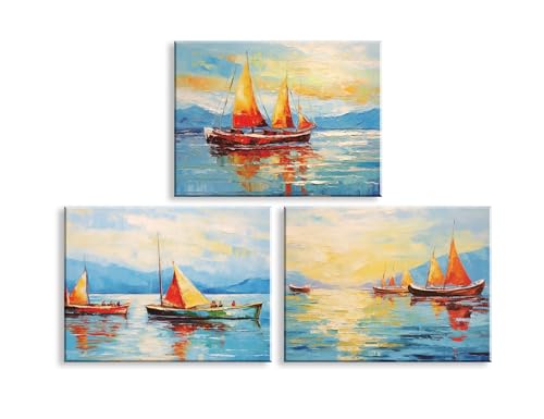 PIY PAINTING Arte Murale Su Tela, Oceano Tela Immagini, quadro da parete Con Barca a Vela Per Il Soggiorno Bagno Ingresso Caffè Sala Da Pranzo, 40x30 cm 3 Pezzi/90x40 cm