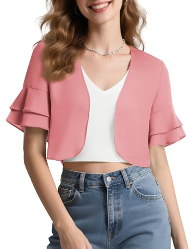 Image of Urban CoCo Women's Sheer Chiffon Bolero Shrug Ruffle Short Sleeve Open Front Cropped Cardigan for Dresses