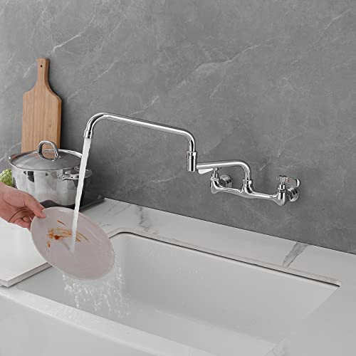 Bwe Commercial Kitchen Sink Faucet With Swivel Spout 2 Dual Handles Wall Mount Faucet For Kitchen Sink Utility Laundry Restaurant Chrome Solid Brass Construction Mixer Tap #TOP6