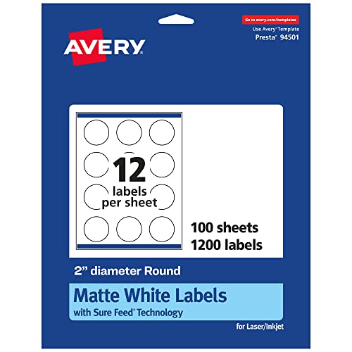 Avery® Matte White Round Labels, Sure Feed® Technology, 2" Diameter, 1,200 Matte White Printable Labels by Avery - Used condition - US$30.75