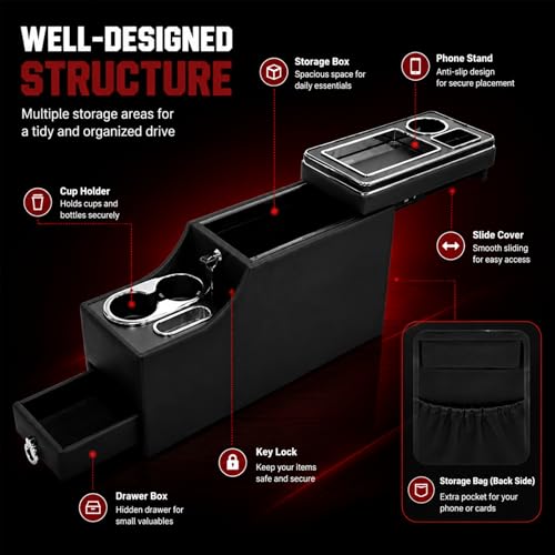 Universal Console Organizer Between Seat for Minivans, SUVs, Middle Van Bench with Wheelers Locking&Sliding Lid Design by OAWHECH - Image 4