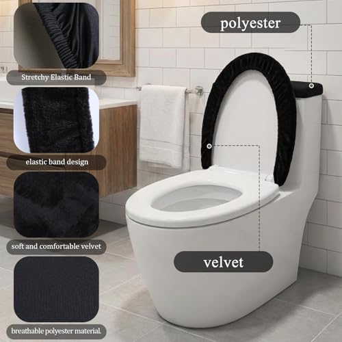 Toilet Lid Cover and Toilet Tank Lid Cover, Soft Velvet Toilets Covers with Elastic Bottom Bathroom Toilets Lids Seat Covers Set Replacement Machine Wash Replacement Fits Most Lids (Black) - Thumbnail 4