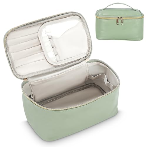 Neceser Viage Mujer Cuero Bolsa de Cosméticos con Porta Brochas Grande Multifuncional Hidrófugo Nocturnos, Verde