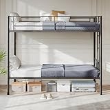 DUMOS Metal Bunk Bed Twin Over Twin with Ladder and High Guardrail, Convertible to 2 Separate Beds Heavy-Duty Metal Slats Support, Under-Bed Storage Space, No Box Spring Needed, Noise Free, Black