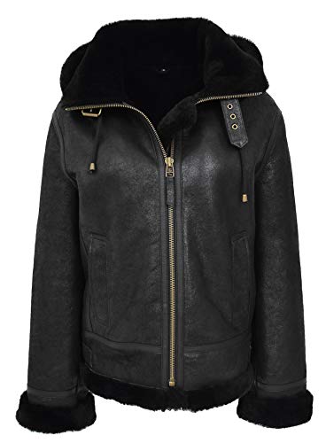 House Of Leather Womens Real Sheepskin B3 Hooded Jacket Aviator Pilot Style Naomi (18, Black)