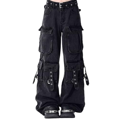 BXCNCKD Women's Retro Washed Workwear Jeans, Multi Pocket Street Loose Wide Leg Jeans, Y2K Jeans