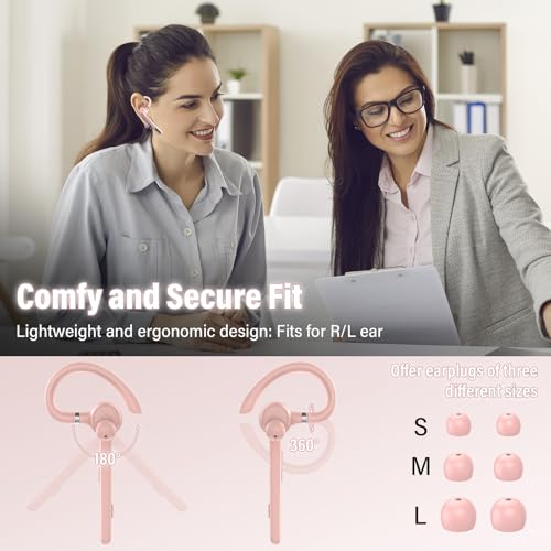 Image of 2026 Bluetooth Headset, Wireless Bluetooth 5.3 Earpiece, 90Hrs Single-Ear Headset with APTX HD Audio & Mute Button, Dual Noise Cancelling Mics, Hands Free Headphone for Trucker, Business, Gym, Pink