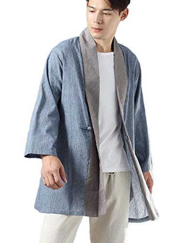 LZJN Mens Open Front Kimono Cardigan Casual Cotton Linen Shirt Chinese Hanfu Style Trench Coat (Light Blue, L) - Thumbnail 2