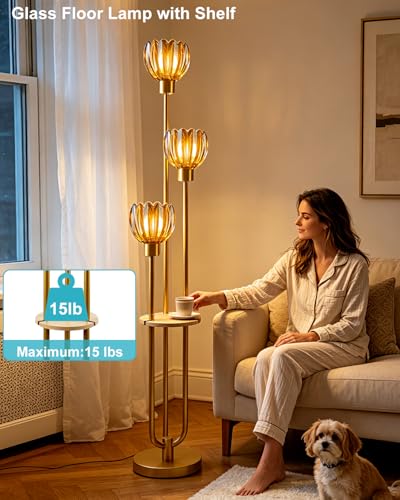 Image of Lightdot 3-Lights Glass Floor Lamp for Living Room Modern Gold Floor Lamps with Lotus Amber Glass Shade& Bulbs Included for Wedding /Party Tall Standing Lamp for Bedroom /Sofa Beside /Corner Decor