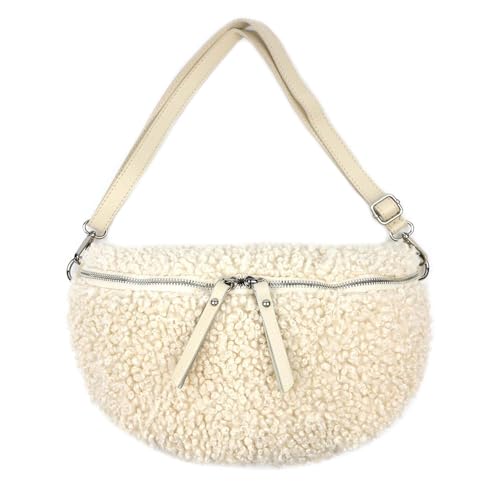 OBC Made in Italy Damen Teddyfell Tasche Plüsch Bauchtasche Hüfttasche Schultertasche Bodybag Umhängetasche Crossbody Teddyplüsch Handytasche Crossbag Gürteltasche Wintertasche Lammfell-Optik Beige M