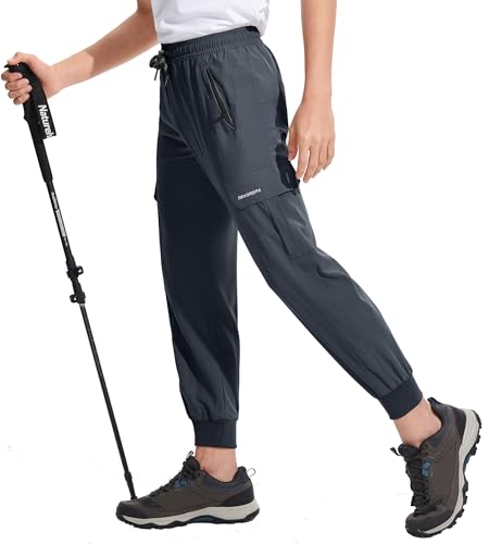 DEVOROPA Boys Joggers Lightweight Hiking Cargo Pants Water Resistant UPF 50+ Quick Dry Youth Kids Athletic Running Pants, Dark Gray, Medium
