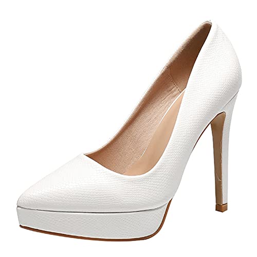 Décolleté con Plateau Bianco per Abito da Sposa da Donna, Tacchi Alti a Spillo con Punta a Punta, Scarpe da Sera per la Festa Nuziale,Bianca,36