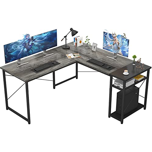 Ecoprsio L-Shaped Desk Large L Shaped Gaming Desk with Storage Shelves Oak Corner Desk Writing Study Table for Home Office Gaming Workstation, Oak and Black