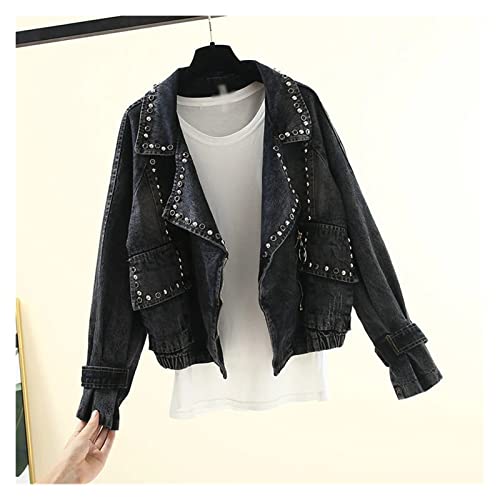 SDFGH Primavera Chaquetas de mezclilla de otoño for mujeres Pearl Beading casual jeans chaqueta manga larga abrigo suelto abrigo vintage (Color : Svart, Size : XL code)