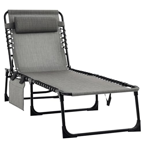Outsunny Bain de soleil portable - Lit de camping pliable - Chaise longue inclinable - Dossier réglable - 5 positions - Avec oreiller - Pour terrasse, jardin, plage, piscine - Gris mélangé