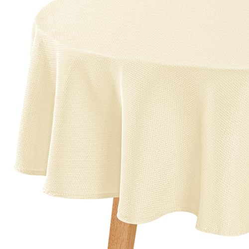 Hiasan Round Textured Tablecloth 60 Inch - Waterproof Spillproof Antiwrinkle Jacquard Table Cloth, Decorative Polyester Table Cover for Kitchen, Outdoor Picnic, Holiday and Parties, Champagne by Hiasan - Used condition - US$13.43