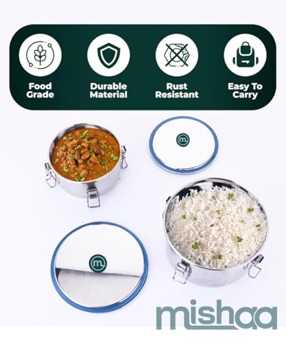 Image of Mishaa Steel Leakproof Tiffin /Lunch Box Set of 2 (350ML Each), Airtight & Spill-Proof Container for Curry & Liquid Items, Steel Lunch Box for School, College & Office, Suitable for Men, Women & Kids