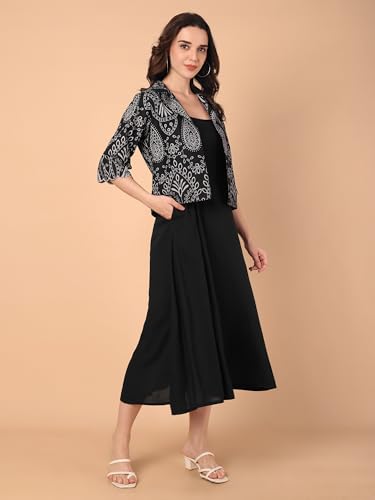 Image of Azira Women Rayon Solid Fit & Flared Dress with Printed Jacket | Perfect for Casual outings, Parties Rayon Fabric|