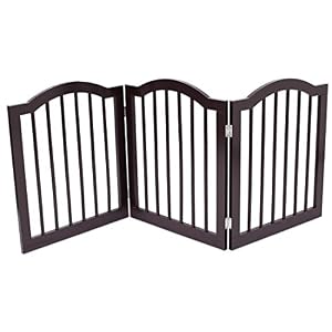Internets Best Pet Gate with Arched Top 3 Panel 24 Inch Step Over Fence Free Standing Folding Z Shape Indoor Doorway Hall Stairs Dog Puppy Gate Fully Assembled Espresso MDF