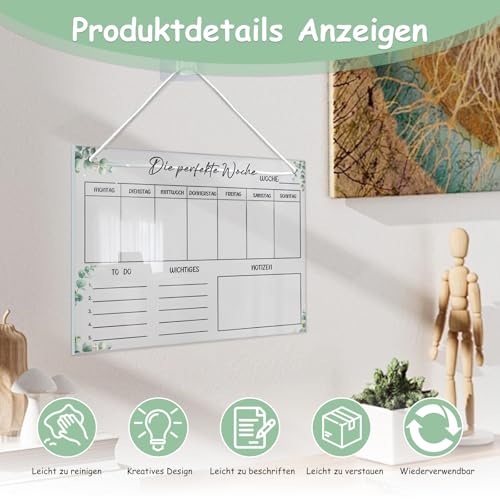 Foonary Wochenplaner Abwischbar,Essensplaner Woche aus Acryl für Haushaltsplan, 30 x 20CM Familienplaner mit 6 Whiteboard-Stift Haushaltsplaner zum Aufhängen für Memoboard auf Deutsch
