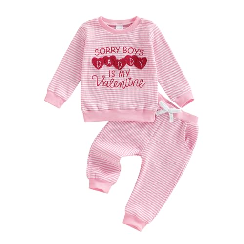 FIOMVA Toddler Baby Girl Valentines Day Outfit Waffle Knit Heart Embroidery Sweatshirt Pants Set Valentines Clothing Clothes (Pink sorry boys,daddy is my Valentine, 18-24 Months)