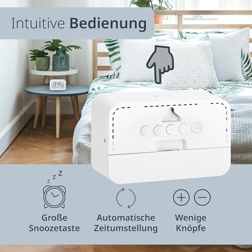 ADE Digitaler Funkwecker mit Licht | Wecker mit Temperaturanzeige und Kalender | kompakter Reisewecker | hübsches matt weißes Gehäuse | mit Batterie
