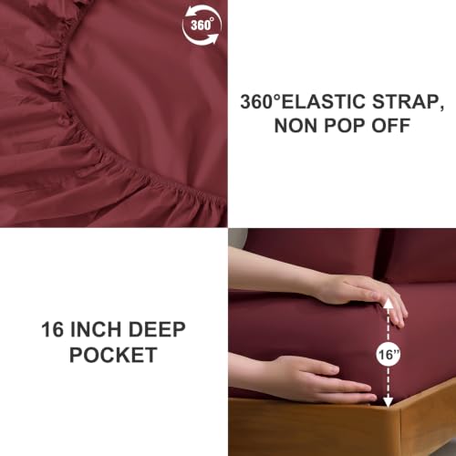 MCO Bedding Queen Bed Sheets Set - Soft Bed Sheets - Cooling Breathable Bedding Set with 16" Deep Pocket (4 Pieces, Queen, Burgundy) — view 6