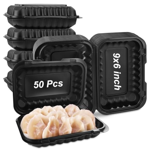 CYEAH 50 Pcs To Go Food Containers, 27 OZ Plastic Clamshell Containers, 9 x 6 Inch Black Take Out Food Trays for Meal Prep Takeout Leftovers