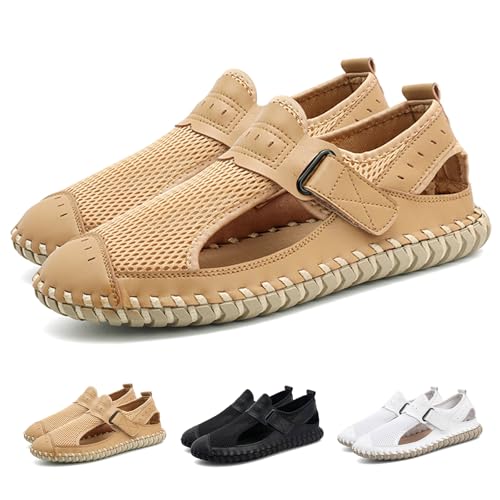 Men's Breathable Mesh Closed Toe Flat Sandals Adjustable Hook and Loop Summer Comfortable Non-Slip Handmade Outdoor Athletic Sandals Hollow Beach Sandals