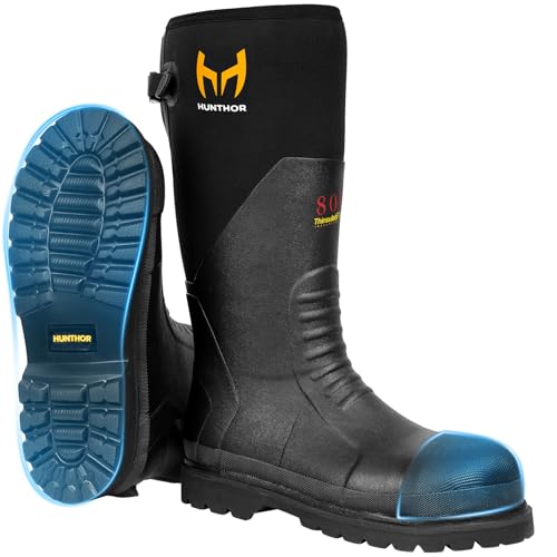 Rubber Work Boots with 800g Insulation, Puncture-Proof Steel Toe & Shank, Lightweight EVA Outsole Waterproof Insulated Neoprene Hunting Boots for Farming, Construction and Manufacturing (Siz