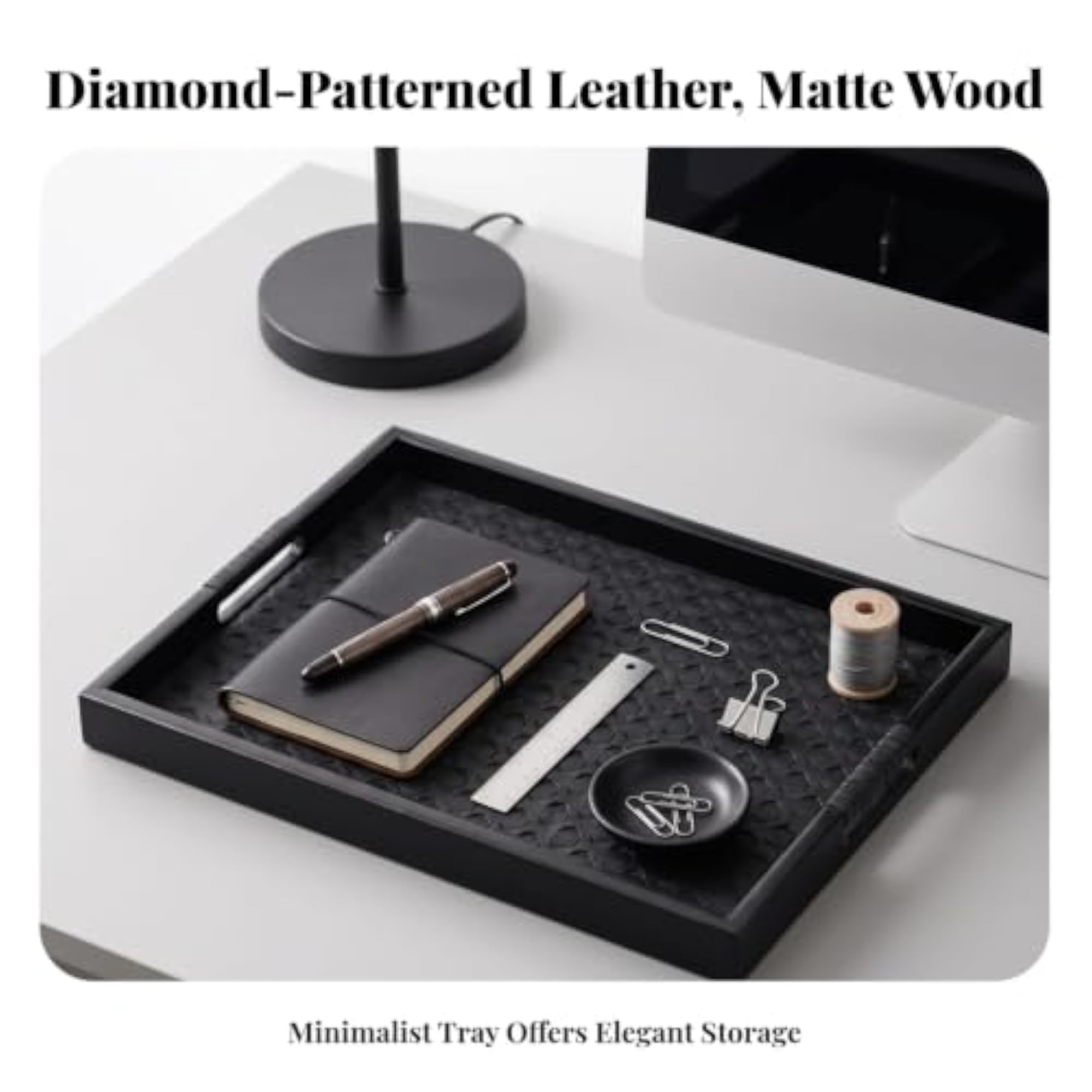Rectangular Wooden Tray with Leather Surface, Elegant Design