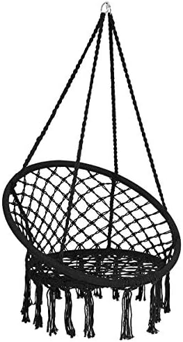 CASART Swing Chair, Cotton Rope Macrame Hammock Chair with Fringes, Indoor Outdoor Bohemian Hanging Chair Seat for Living Room, Bedroom, Garden, Balcony (Black)