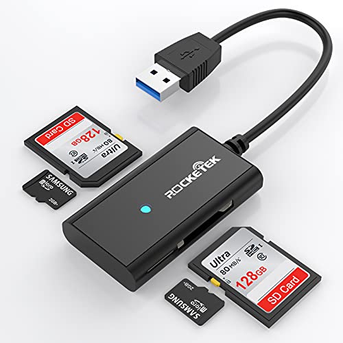 USB 3.0 SD Card Reader, Rocketek 4 Slots Memory Card Reader with a 13CM Flexible USB Cord for SDXC SDHC UHS-I SD Cards, Micro SD Cards, MMC memory cards - Simultaneously Read 2 Different Memory Cards