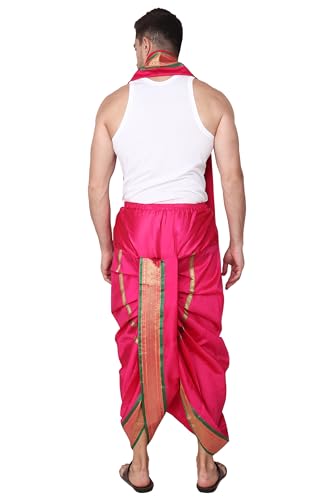 Image of Rameshwaram Fabrics Mens Ready to Wear Silk Dhoti with Angwastra Set - Pocket Dhothi