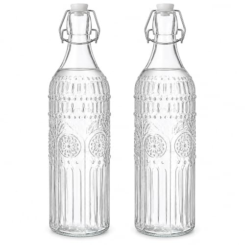 Pack 2 Botellas Cristal Reutilizable 1L Tapón Hermético para Agua Zumo | Diseño Decorativo en Relieve Ideales para Servir y Conservar Bebidas Frías