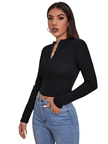 Verdusa Women's Zip Up Front Long Sleeve Mock Neck Fitted Crop Top T Shirt Black L #TOP2