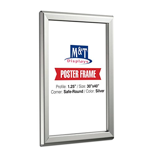 M&T Displays Snap Poster Frame 30X40 Inch Silver 1.25" Aluminum Profile Front Loading Wall Mounting Photo Picture Document Certificate Sign Holder Safe Corner Anti Glare Cover #TOP1