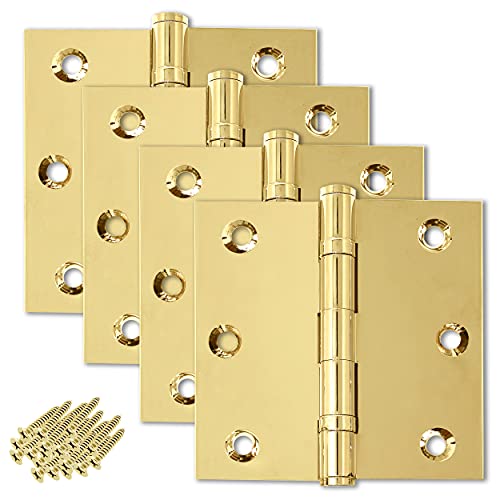 Finsbury Hardware Solid Brass Door Hinge Heavy Duty Ball Bearing Polished Shiny Gold 3.5 X 3.5 Inch - Set Of 4 Hinges (Polished Brass) #TOP21