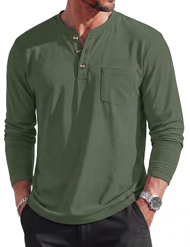 Image of MAGCOMSEN Mens Shirts Long Sleeve Crew Neck Henley Tshirts Cotton Breathable Moisture Wicking Casual Tops Basic Tee 3 Button,Army Green,XL