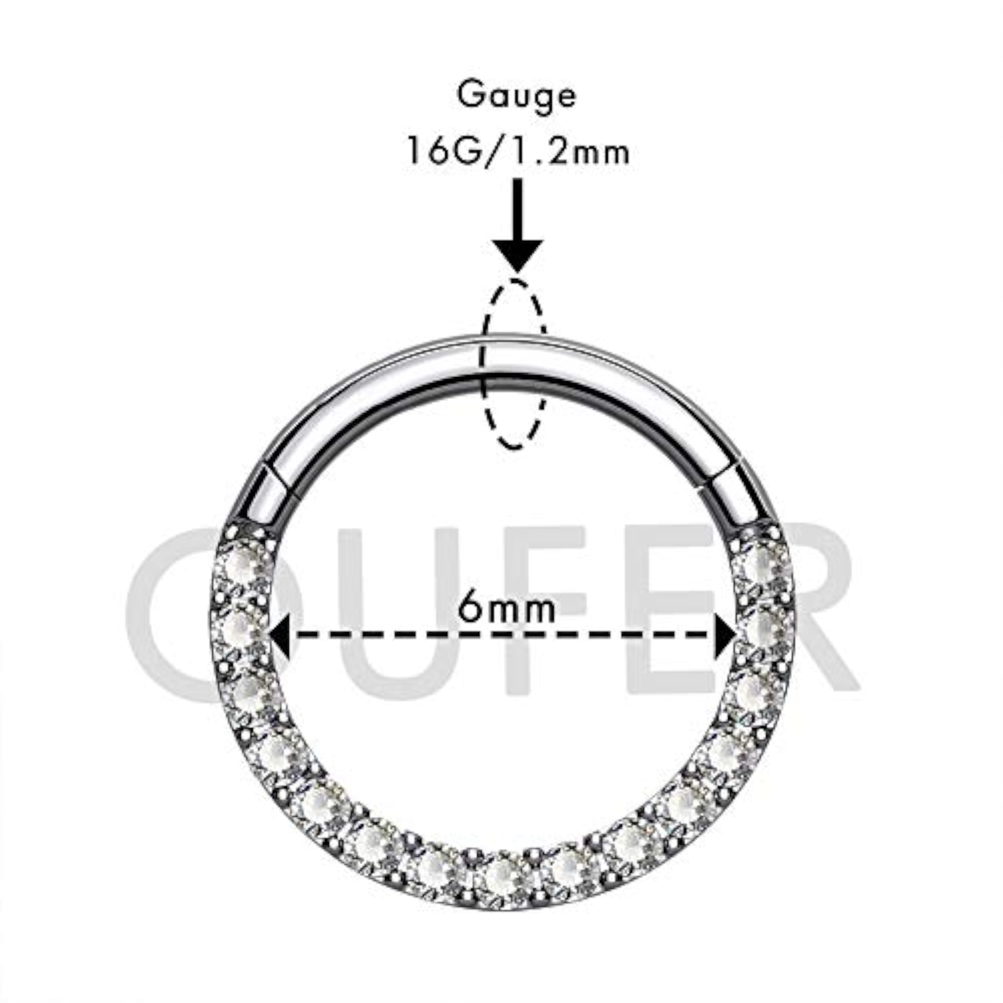 Titanium Daith Earring Hoop with Clear CZ, 16G