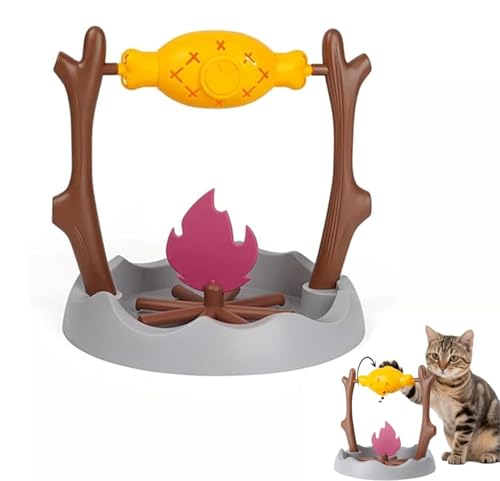 EHOTER Distributeur de friandises pour chat, feu de camp, distribution lente, jouet interactif pour animal domestique, nourriture lente, cuisse de poulet grillée, rotation à 360°, jouet fuyard avec 3