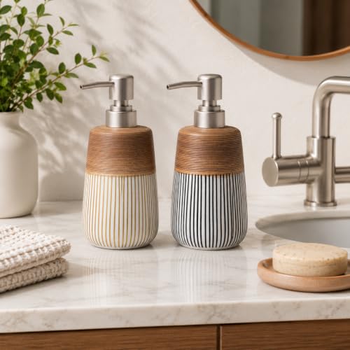 Image of 2 Pcs Ceramic Soap Dispenser Set, 16 Oz Refillable Liquid Soap Dispensers with Embossed Texture for Bathroom Countertop and Kitchen Sink, Hand Soap, Dish Soap & Lotion Bottles, Modern Home Decor