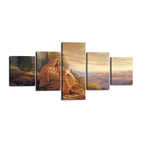 Yatsen Bridge Jesus Wall Art Picture Decor 5 Panel Vintage Christian Faith Canvas Prints Poster Jesus Thorn Painting for Living Room Home Decoration Stretched Ready to Hang (50”Wx24”H)