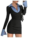 MakeMeChic Women's Spring Outfits Gingham Bodycon Mini Dress Long Sleeve Collared 2 in 1 Business Casual Dress Black Medium