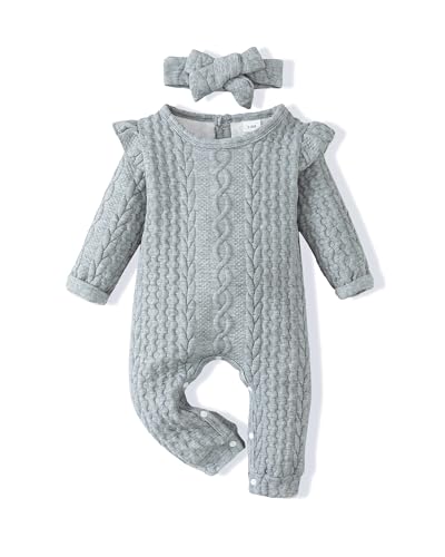 Image of Renotemy Infant Baby Girls Romper Fall Winter Jumpsuit Girl Long Sleeve Rompers Baby Girl Clothes 0-3 Months Grey