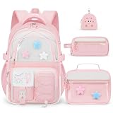 Aomutrsn Mochila para meninas com lancheira, 4 peças, mochila escolar Kawaii para meninas, mochila de estética primária para crianças e adolescentes, rosa, Large, Mochila para meninas