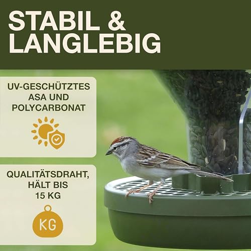 SWISSINNO Vogelfutterhaus zum Aufhängen – Davos SMART Birds - Vogelfutterspender mit Auffangschale - Futterstation für Vögel - Futtersilo Rattensicher - Vogelhaus für Garten & Balkon - Grün