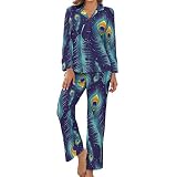 Abstract Peacock Feathers,Women's Pajama Set Long Sleeve Sleepwear Tops Bottoms with Pockets_S