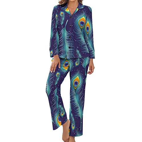 Abstract Peacock Feathers,Women's Pajama Set Long Sleeve Sleepwear Tops Bottoms With Pockets_S #TOP27